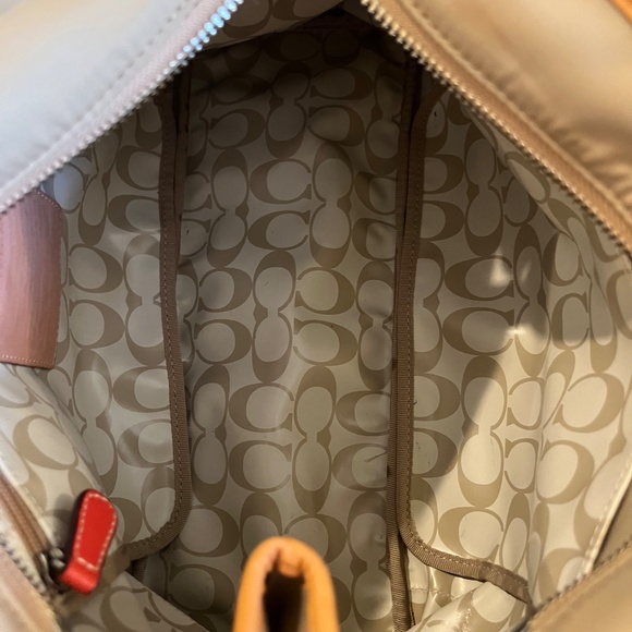 Authentic Coach Nylon Red Leather Trim Tote Bag Style 5656 Tan Shoulder Purse - Picture 15 of 16